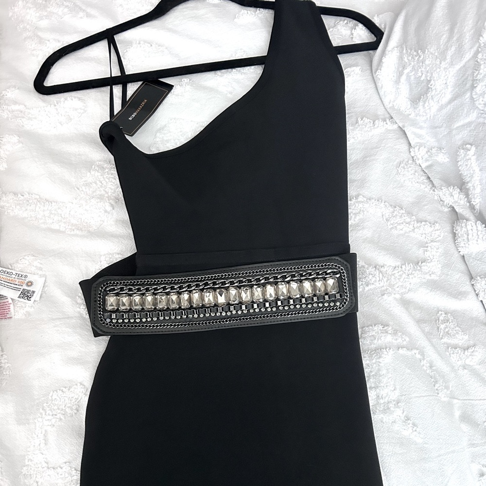 RARE * Black BCBG Bodycon one shoulder Blk Dress w/ belt Sz S
